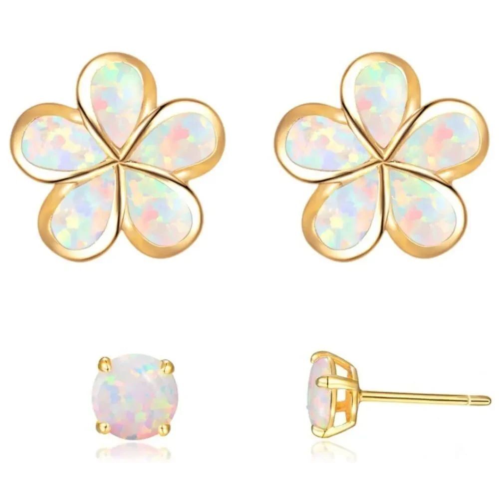 14K Yellow Gold with Genuine White Fire Opal Flower Post Stud Earrings Set of 2